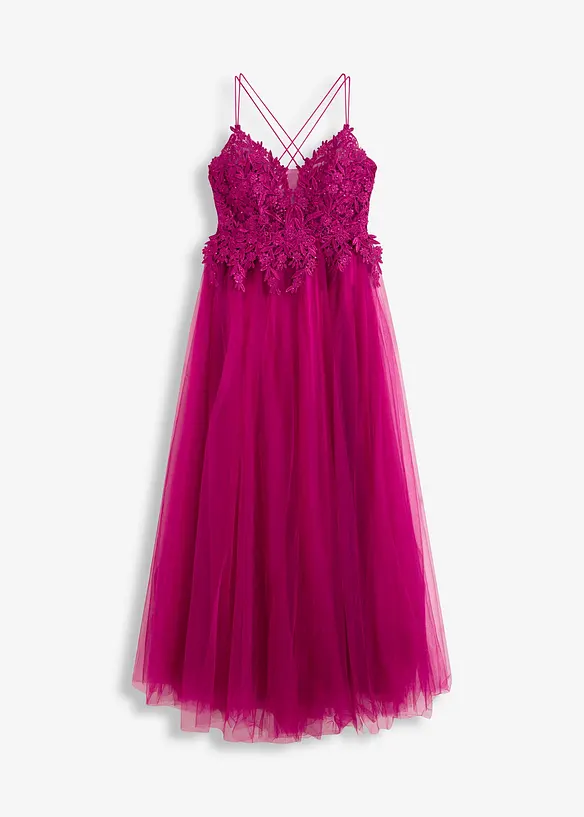 Abendkleid aus zartem Tüll mit Spitze in pink von vorne - bonprix