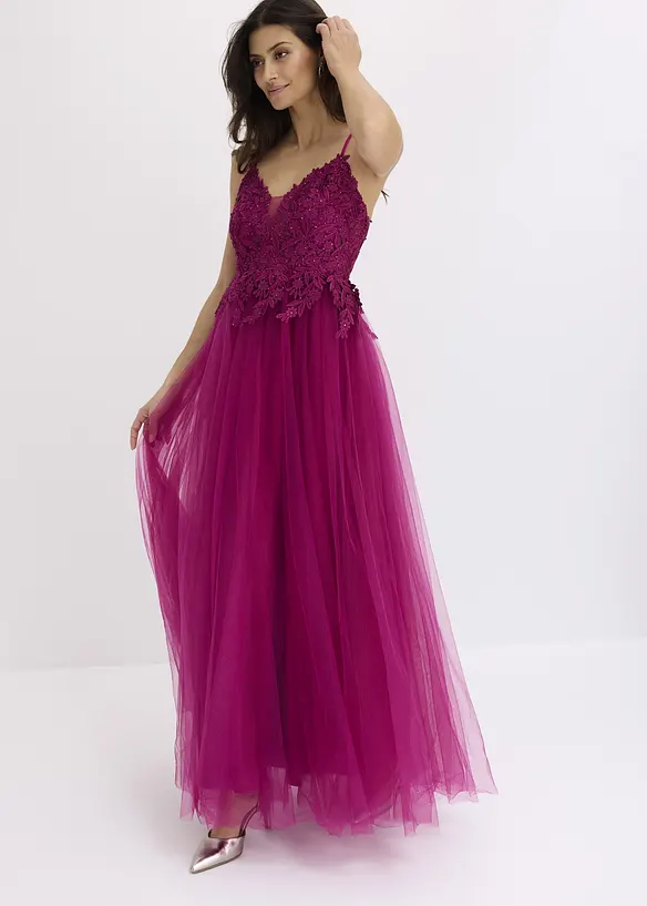Abendkleid aus zartem Tüll mit Spitze in pink von vorne (Totalaufnahme) - bonprix