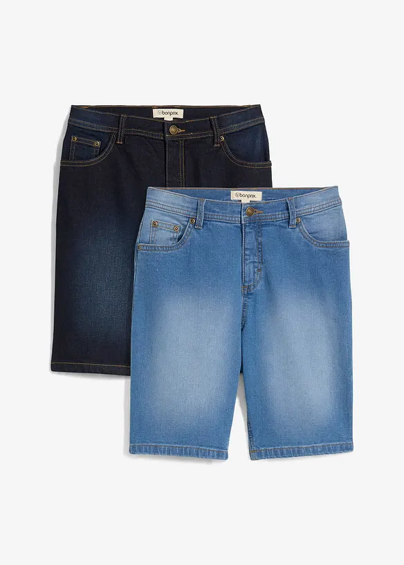 Stretch-Jeans-Bermuda mit verstellbarem Bund, Regular Fit (2er Pack) in blau von vorne - bonprix