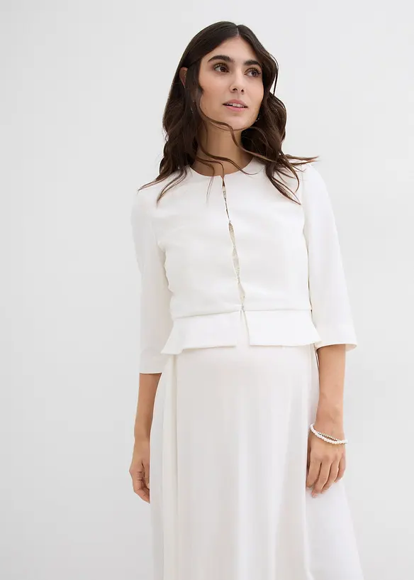 Kurzer Umstandsblazer aus Satin in weiß von vorne (im Anschnitt) - bonprix Kurzer Umstandsblazer aus Satin in weiß von vorne (im Anschnitt) - bonprix