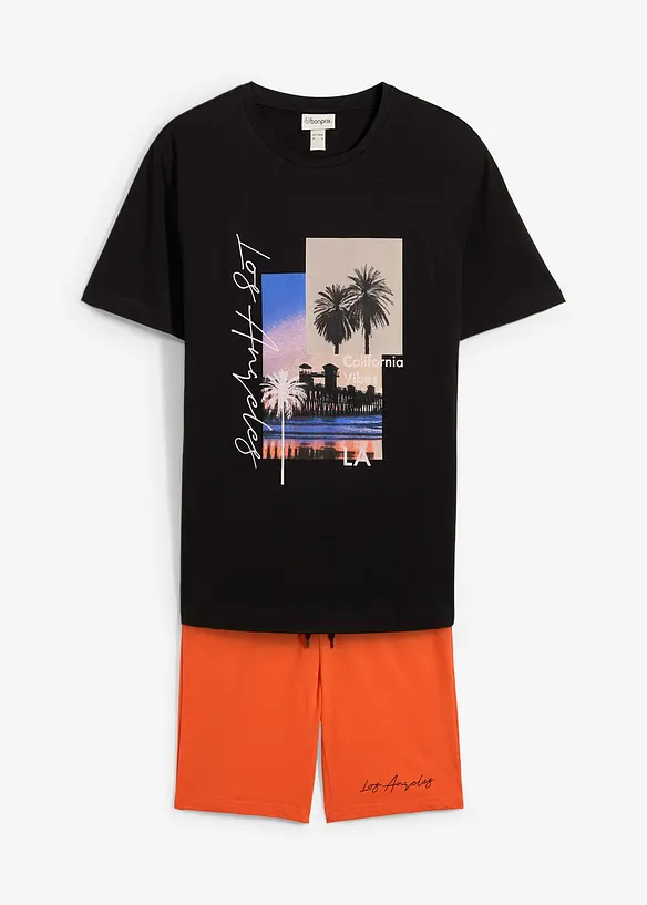 T-Shirt und Sweatbermuda (2-tlg.Set) in schwarz von vorne - bonprix