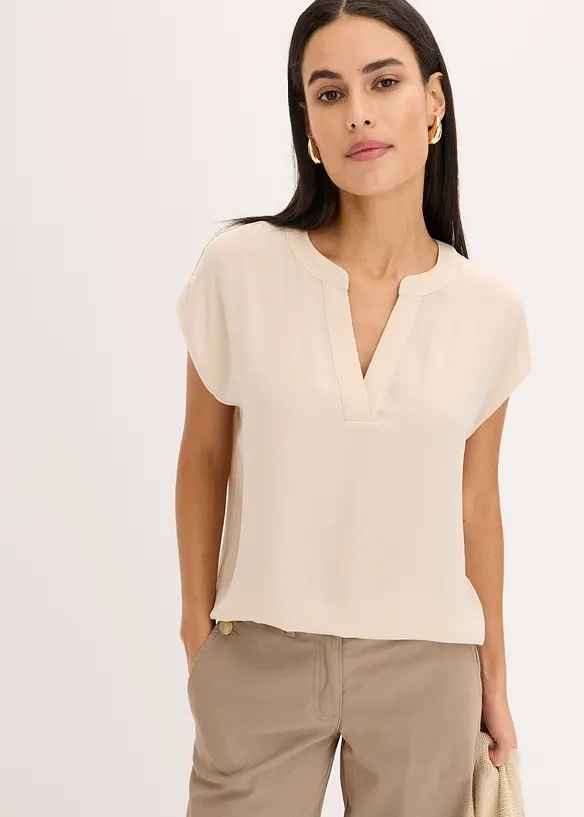 Lockere Satin-Kurzarmtunika mit überschnittenen Schultern in gold von vorne (im Anschnitt) - bonprix