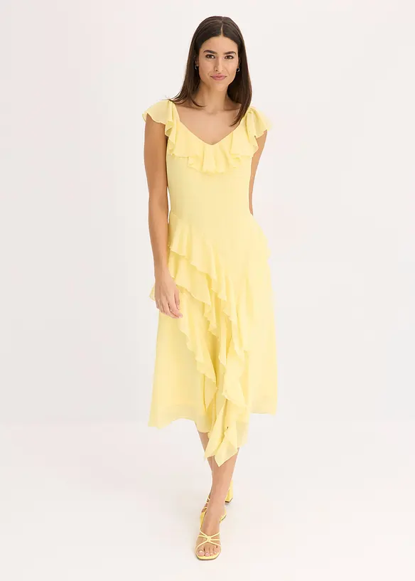 Chiffonkleid mit Trägern und Volants in gelb von vorne (Totalaufnahme) - bonprix