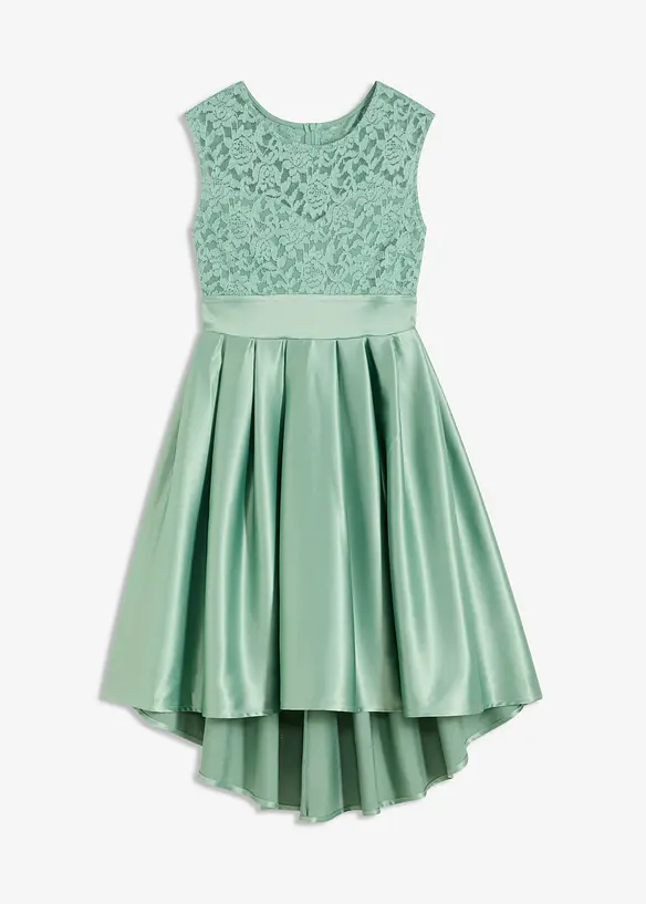 Vokuhila-Kleid aus glänzendem Satin mit Spitze in grün von vorne - bonprix