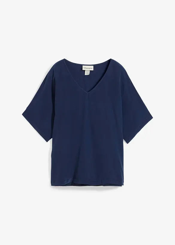 Shirt mit Seidenanteil und Webeinsatz in blau von vorne - bonprix