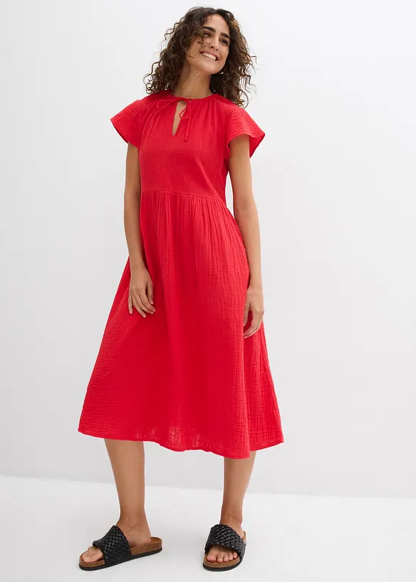 Musselin-Midikleid aus reiner Baumwolle in rot von vorne (Totalaufnahme) - bonprix