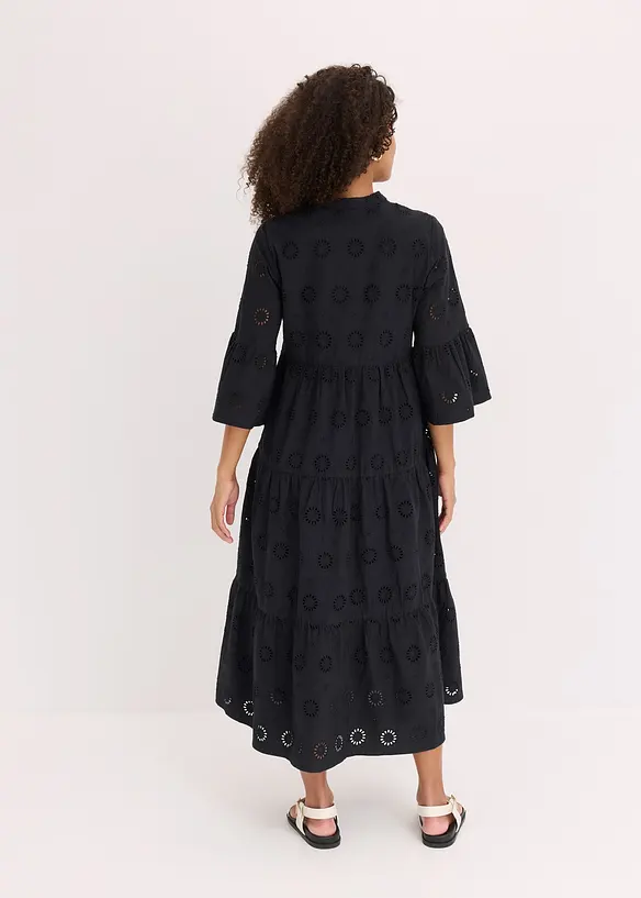 Midikleid aus reiner Baumwolle mit Lochstickerei in schwarz von hinten (Totalaufnahme) - bonprix