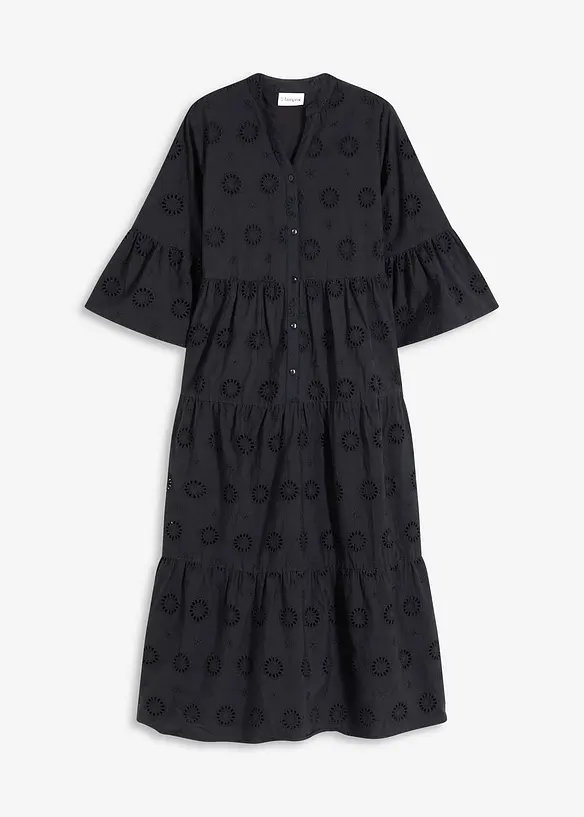 Midikleid aus reiner Baumwolle mit Lochstickerei in schwarz von vorne - bonprix