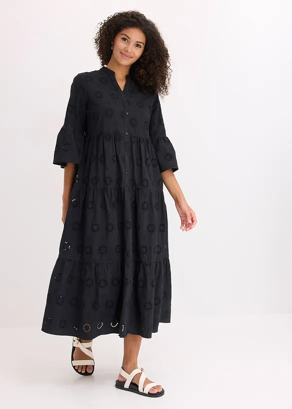 Midikleid aus reiner Baumwolle mit Lochstickerei in schwarz von vorne (Totalaufnahme) - bonprix