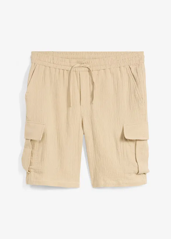 Regular-Fit Cargobermuda aus luftigem Musselin in beige von vorne - bonprix