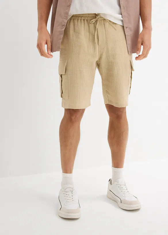 Regular-Fit Cargobermuda aus luftigem Musselin in beige von vorne - bonprix