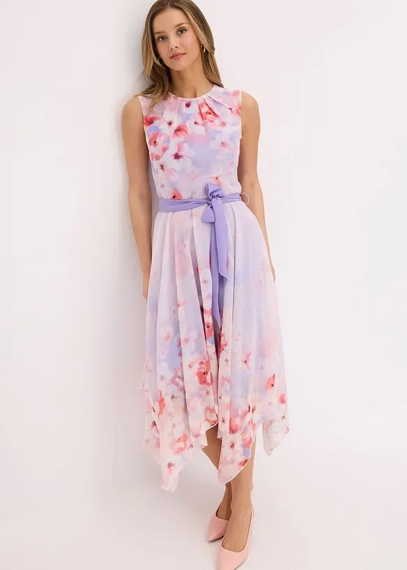 Chiffonkleid mit Zipfelsaum und Bindeband in lila von vorne (Totalaufnahme) - bonprix Chiffonkleid mit Zipfelsaum und Bindeband in lila von vorne (Totalaufnahme) - bonprix