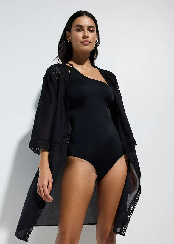 Offene Strandtunika mit Stickerei in schwarz von vorne (im Anschnitt) - bonprix