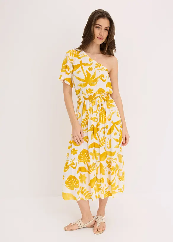 One-Shoulder-Kleid aus strukturierter Viskose in weiß von vorne (Totalaufnahme) - bonprix