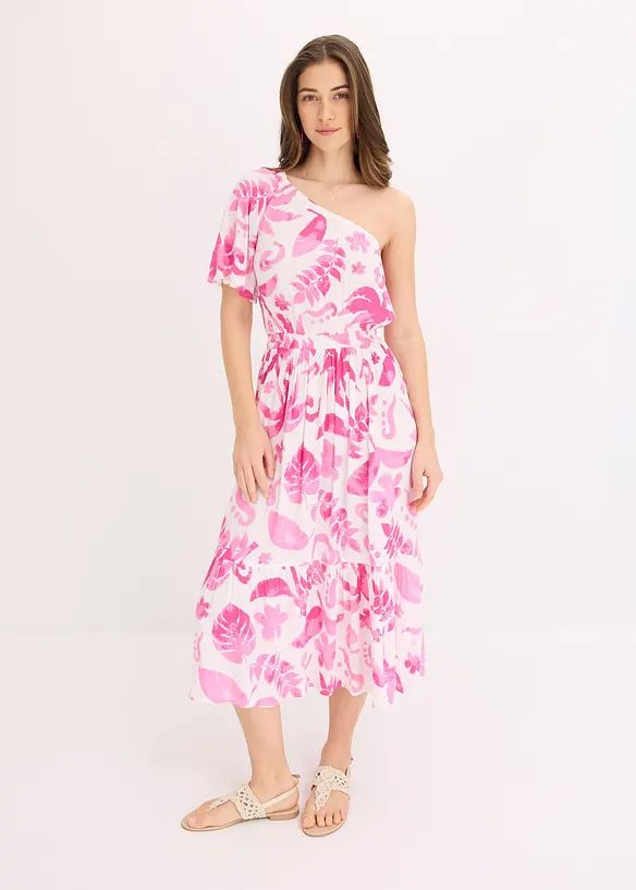 One-Shoulder-Kleid aus strukturierter Viskose in weiß von vorne (Totalaufnahme) - bonprix One-Shoulder-Kleid aus strukturierter Viskose in weiß von vorne (Totalaufnahme) - bonprix