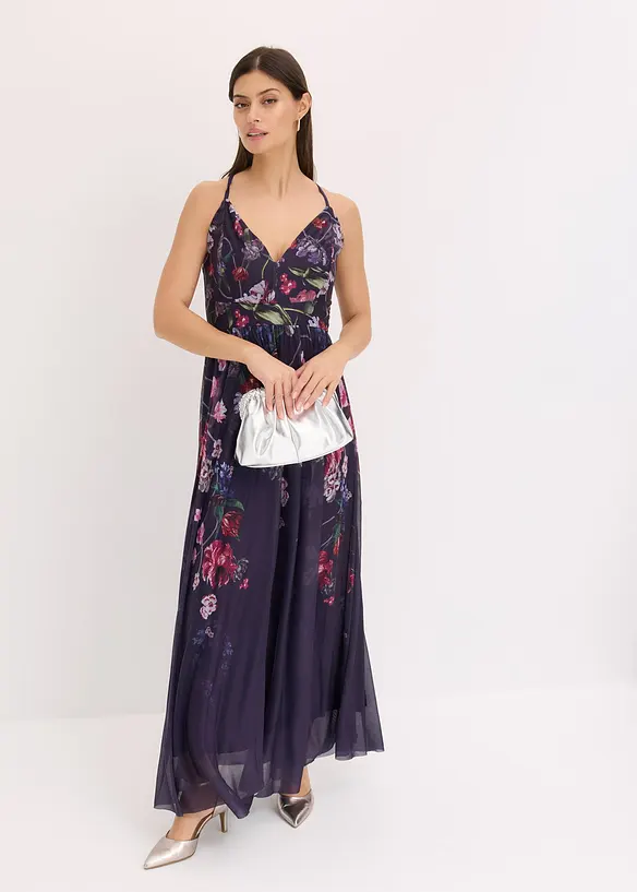 Maxikleid aus zartem Tüll mit Trägern in blau von vorne (Totalaufnahme) - bonprix