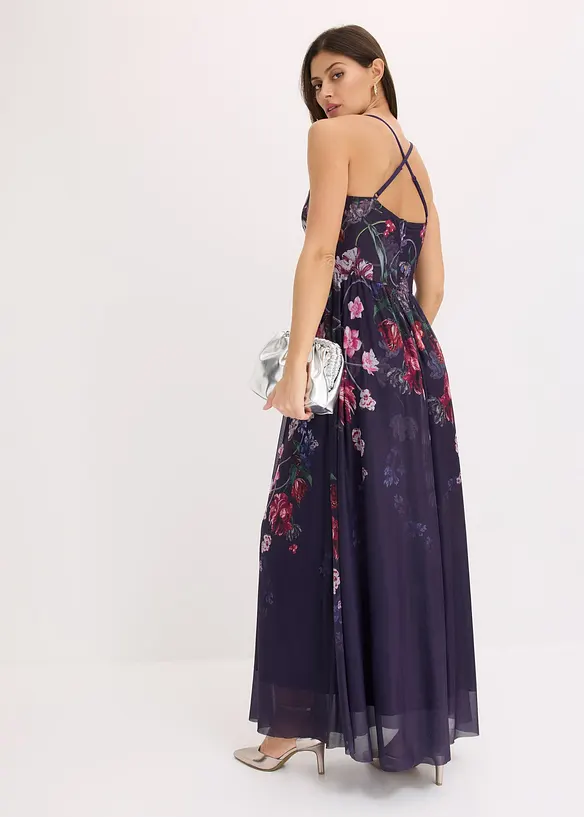 Maxikleid aus zartem Tüll mit Trägern in blau von hinten (Totalaufnahme) - bonprix