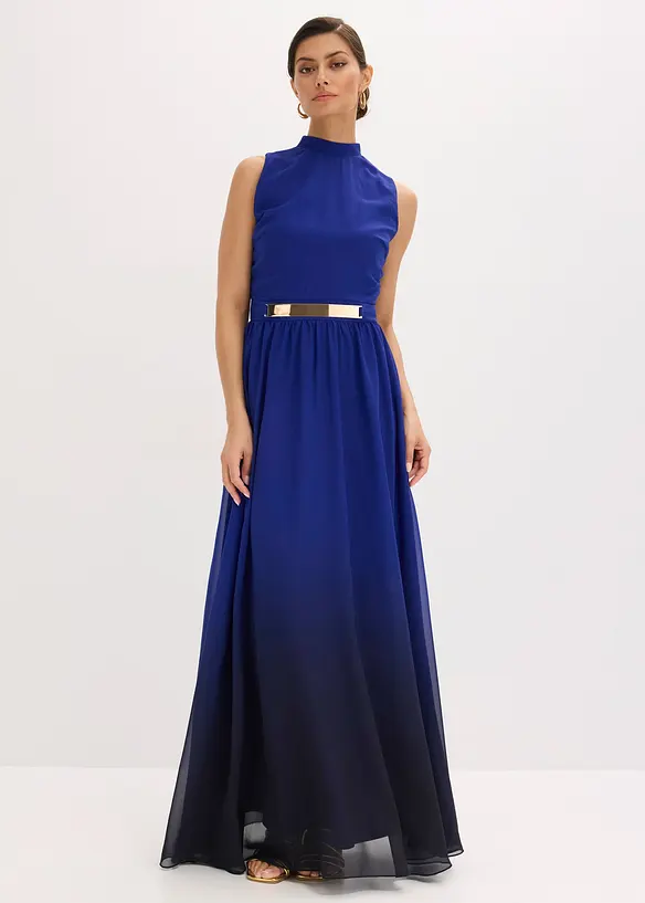 Chiffonkleid mit Kragen und Accessoire in blau von vorne (Totalaufnahme) - bonprix Chiffonkleid mit Kragen und Accessoire in blau von vorne (Totalaufnahme) - bonprix
