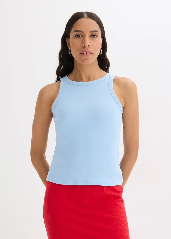 Geripptes Tanktop in blau von vorne (im Anschnitt) - bonprix