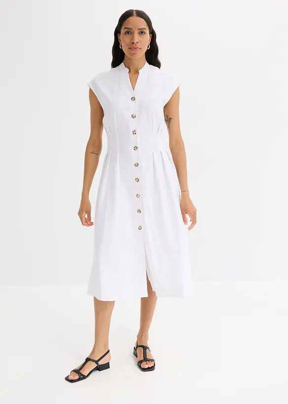Midikleid aus leichtem Leinen-Mix in weiß von vorne (Totalaufnahme) - bonprix