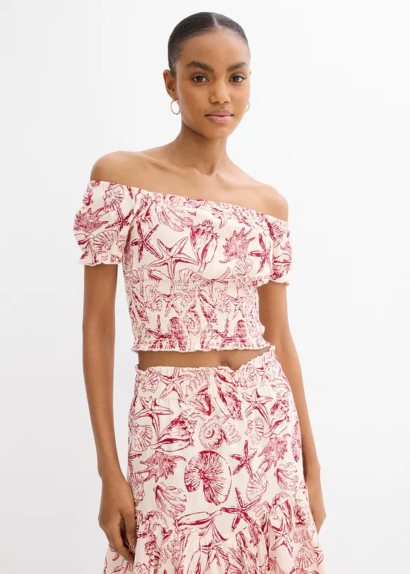 Carmenbluse aus reiner Baumwolle in weiß von vorne (im Anschnitt) - bonprix