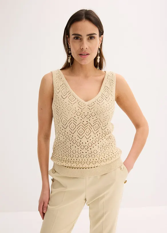 Ajour Stricktop mit Baumwollanteil in beige von vorne (im Anschnitt) - bonprix