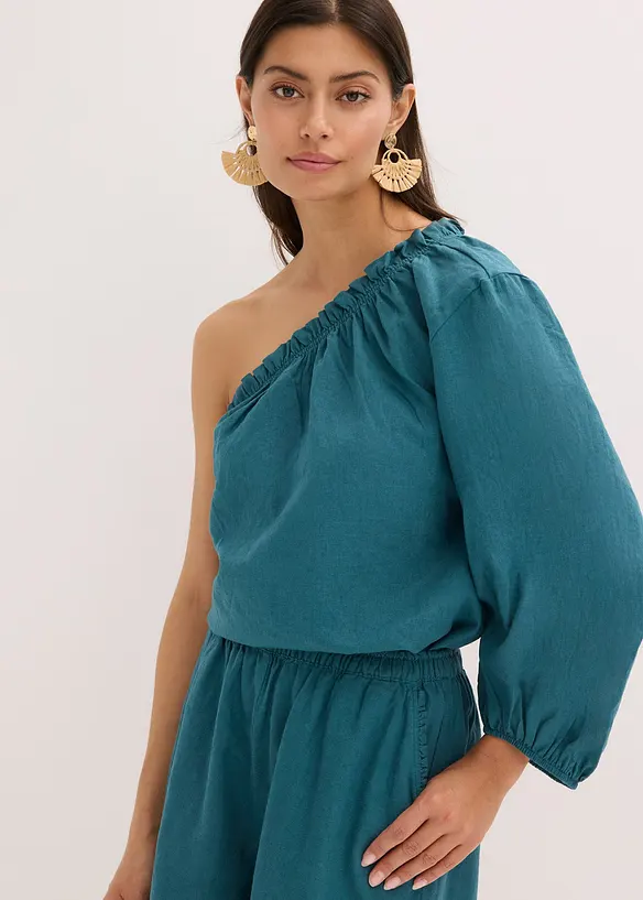 One-Shoulder Bluse mit Leinenanteil in petrol von vorne (im Anschnitt) - bonprix