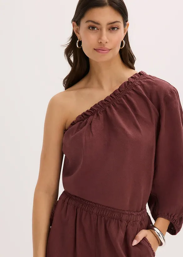 One-Shoulder Bluse mit Leinenanteil in braun von vorne (im Anschnitt) - bonprix