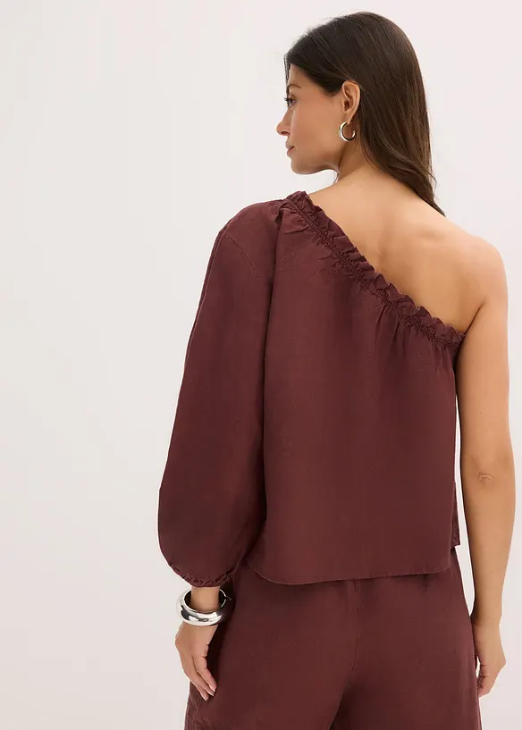 One-Shoulder Bluse mit Leinenanteil in braun von hinten (im Anschnitt) - bonprix