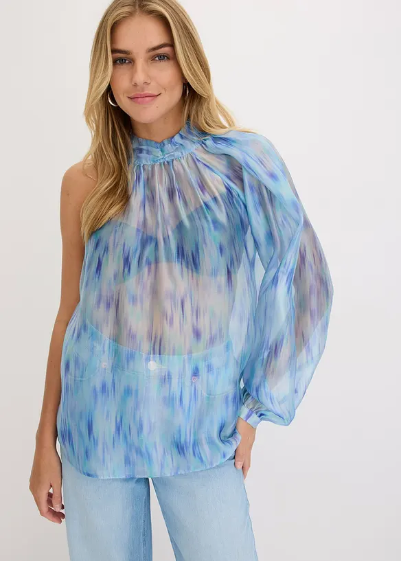 One-Shoulder Chiffonbluse mit leichter Transparenz in blau von vorne (im Anschnitt) - bonprix One-Shoulder Chiffonbluse mit leichter Transparenz in blau von vorne (im Anschnitt) - bonprix