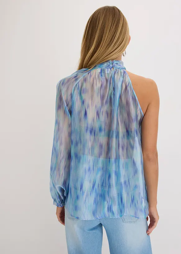 One-Shoulder Chiffonbluse mit leichter Transparenz in blau von hinten (im Anschnitt) - bonprix One-Shoulder Chiffonbluse mit leichter Transparenz in blau von hinten (im Anschnitt) - bonprix