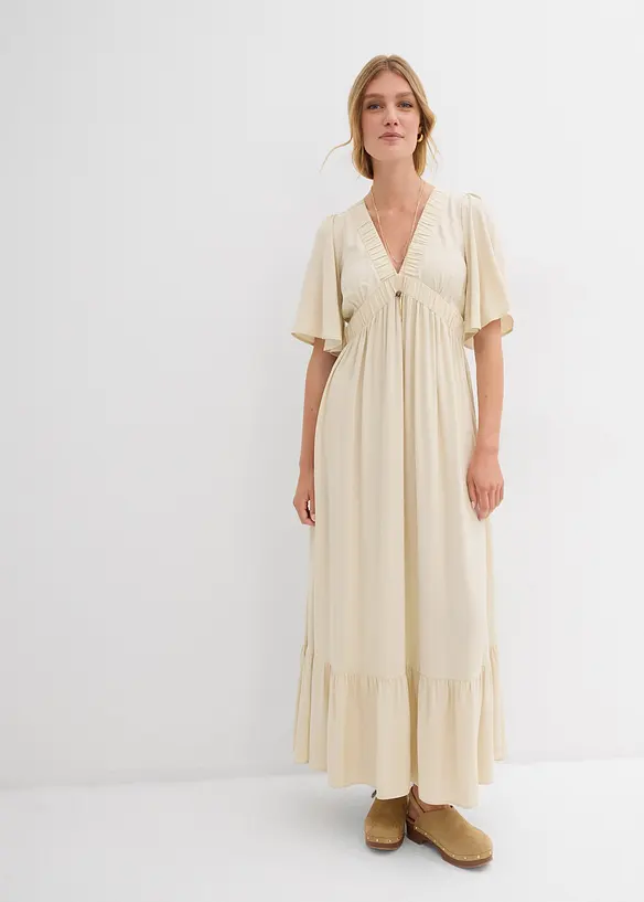 Maxikleid aus fließender Viskose in beige von vorne (Totalaufnahme) - bonprix
