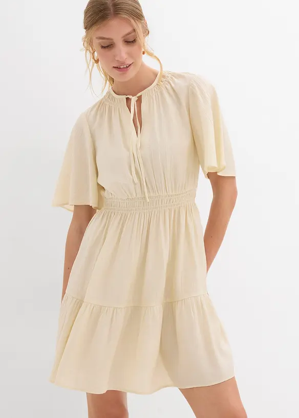 Minikleid aus fließendem Viskose-Mix in beige von vorne (Totalaufnahme) - bonprix Minikleid aus fließendem Viskose-Mix in beige von vorne (Totalaufnahme) - bonprix