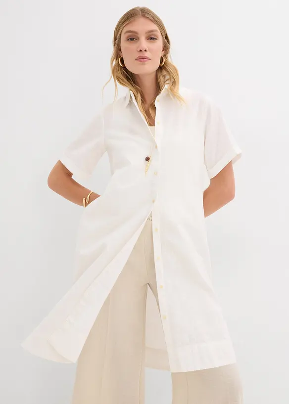 Hemdblusenkleid aus reiner Baumwolle in weiß von vorne (Totalaufnahme) - bonprix Hemdblusenkleid aus reiner Baumwolle in weiß von vorne (Totalaufnahme) - bonprix
