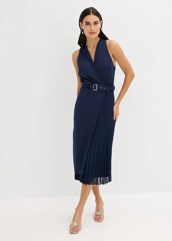Midikleid in Wickel-Optik mit Plissee-Einsatz in blau von vorne (Totalaufnahme) - bonprix