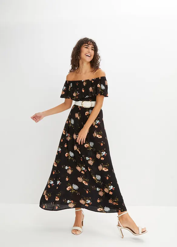 Carmen-Kleid aus fließender Viskose in schwarz von vorne (Totalaufnahme) - bonprix Carmen-Kleid aus fließender Viskose in schwarz von vorne (Totalaufnahme) - bonprix