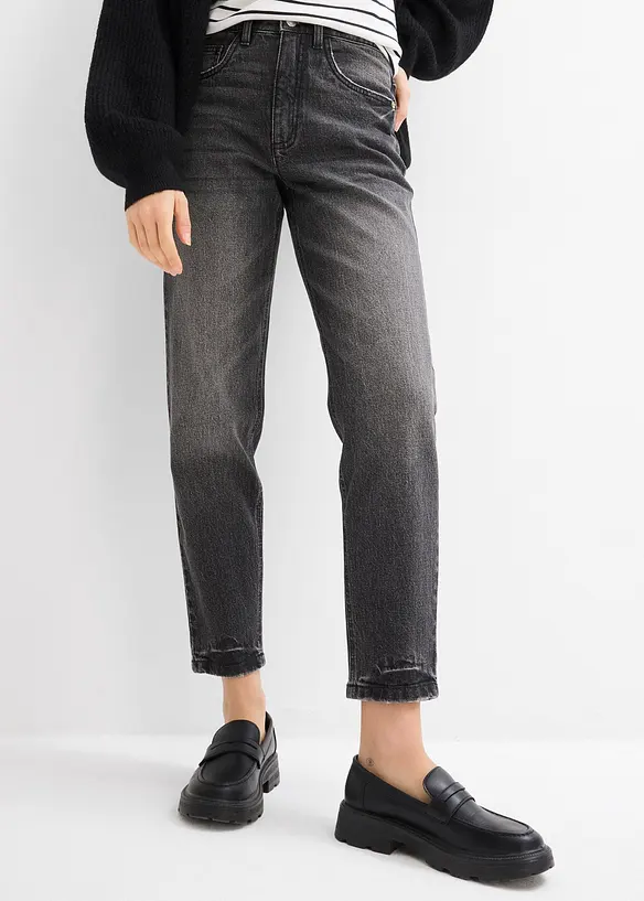 Mom Jeans High Waist, cropped in schwarz von vorne - bonprix