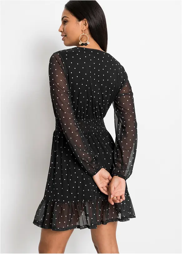 Midikleid mit gesmokter Taille und Allover-Print in schwarz von hinten (Totalaufnahme) - bonprix