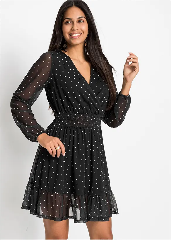 Midikleid mit gesmokter Taille und Allover-Print in schwarz von vorne (Totalaufnahme) - bonprix