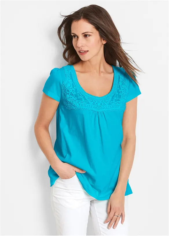 Baumwoll Shirt mit Spitze, Kurzarm in blau von vorne (im Anschnitt) - bonprix Baumwoll Shirt mit Spitze, Kurzarm in blau von vorne (im Anschnitt) - bonprix