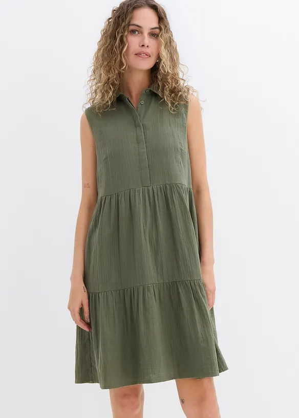 Musselin-Kleid aus reiner Baumwolle in grün von vorne (Totalaufnahme) - bonprix Musselin-Kleid aus reiner Baumwolle in grün von vorne (Totalaufnahme) - bonprix