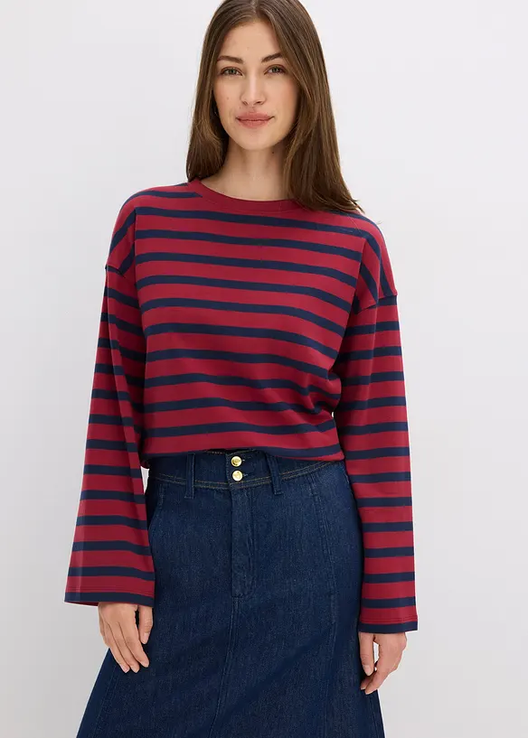 Gestreiftes Shirt aus reiner Bio-Baumwolle in rot von vorne (im Anschnitt) - bonprix