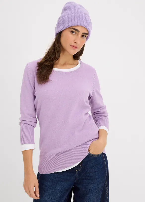 Basic Pullover mit recycelter Baumwolle in lila von vorne (im Anschnitt) - bonprix Basic Pullover mit recycelter Baumwolle in lila von vorne (im Anschnitt) - bonprix