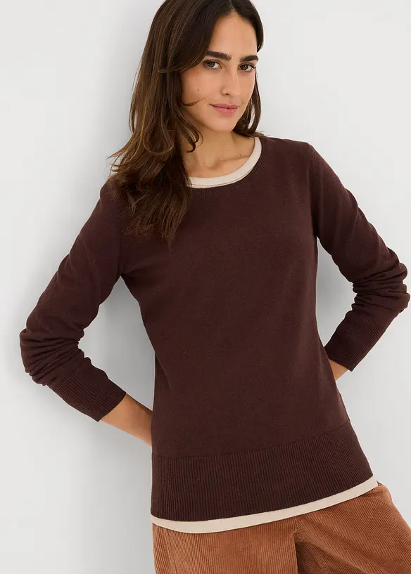 Basic Pullover mit recycelter Baumwolle in braun von vorne (im Anschnitt) - bonprix Basic Pullover mit recycelter Baumwolle in braun von vorne (im Anschnitt) - bonprix