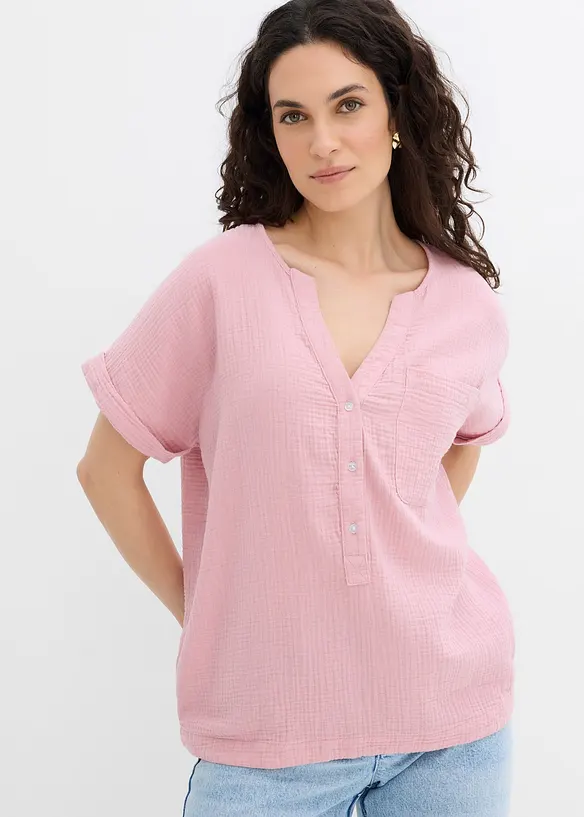 Musselin-Kurzarmbluse aus reiner Baumwolle in rosa von vorne (im Anschnitt) - bonprix Musselin-Kurzarmbluse aus reiner Baumwolle in rosa von vorne (im Anschnitt) - bonprix