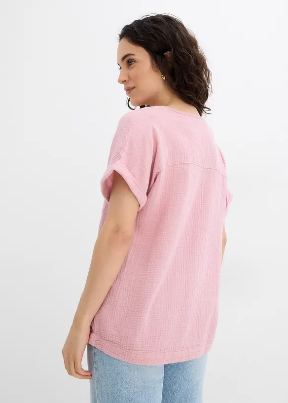 Musselin-Kurzarmbluse aus reiner Baumwolle in rosa von hinten (im Anschnitt) - bonprix Musselin-Kurzarmbluse aus reiner Baumwolle in rosa von hinten (im Anschnitt) - bonprix