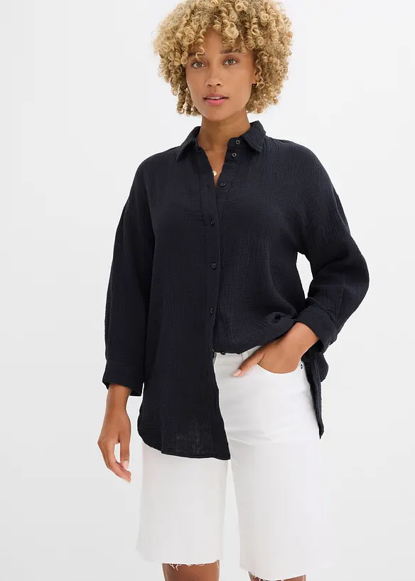 Musselin-Hemdbluse aus reiner Baumwolle in schwarz von vorne (im Anschnitt) - bonprix Musselin-Hemdbluse aus reiner Baumwolle in schwarz von vorne (im Anschnitt) - bonprix