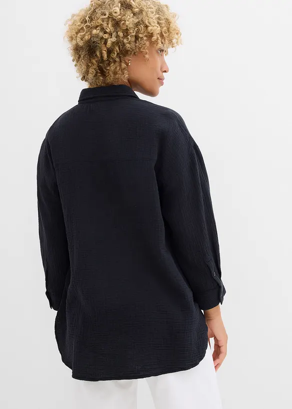 Musselin-Hemdbluse aus reiner Baumwolle in schwarz von hinten (im Anschnitt) - bonprix Musselin-Hemdbluse aus reiner Baumwolle in schwarz von hinten (im Anschnitt) - bonprix