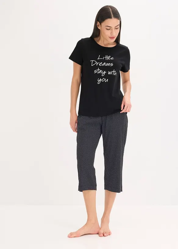 Capri Pyjama aus reiner Bio-Baumwolle in schwarz von vorne (Totalaufnahme) - bonprix