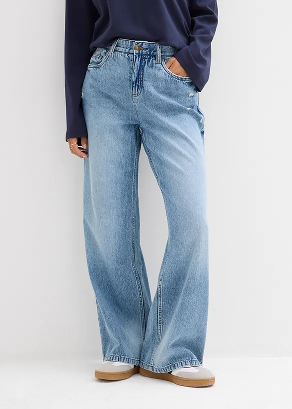 Wide-Leg-Jeans Mid Waist, Low Stretch in blau von vorne - bonprix Wide-Leg-Jeans Mid Waist, Low Stretch in blau von vorne - bonprix